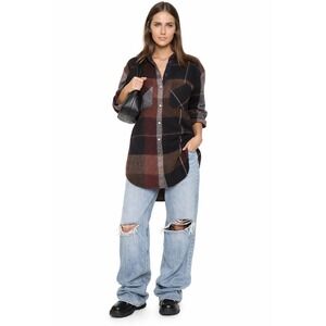 Free People Street Talk Plaid Flannel Shirt Dress / Jacket Brown Black Medium